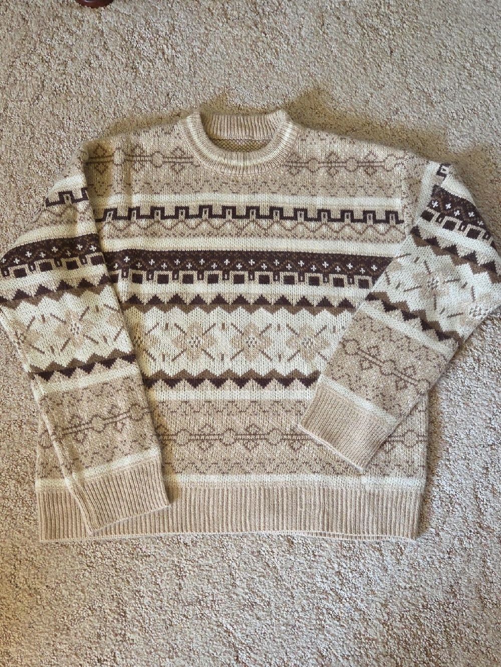 Womens Neutral Fair Isle Crewneck Sweater - Beige/Brown